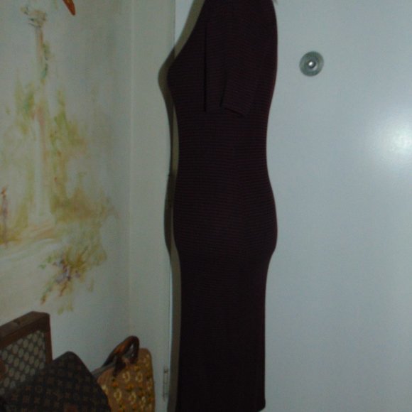 Forever 21 Burgundy Black Striped Knit Sweater Medium Fitted Dress Short Sleeve - Picture 5 of 12